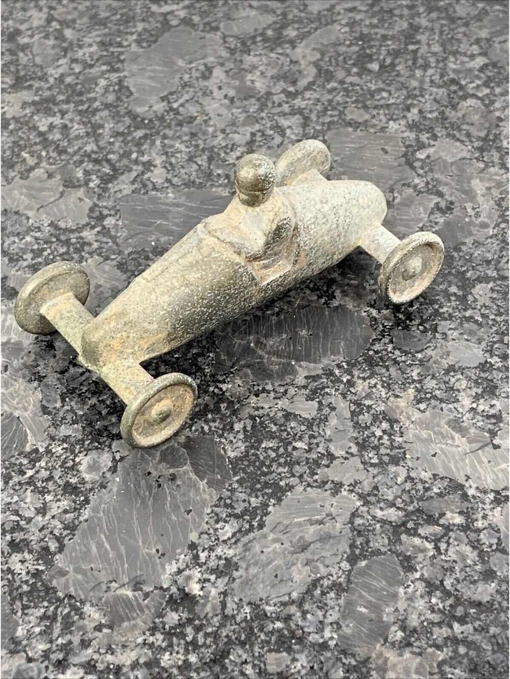 Vintage Solid Cast Metal Soap Box Derby Race Car w/ Driver Unmarked 3 1/4" L